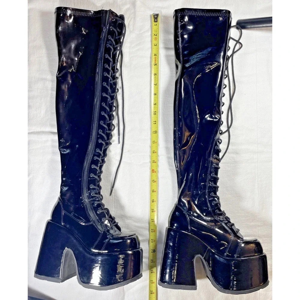 Demonia Camel 300 Platform Knee High Boots Black Patent Gothic Womens 5